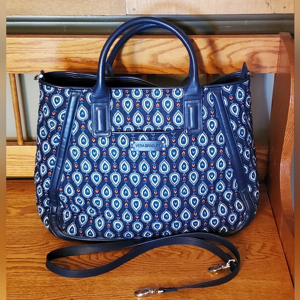 Vera Bradley Quilted Blue Trapeze (Marrakesh) & Leather Large Tote Bag
